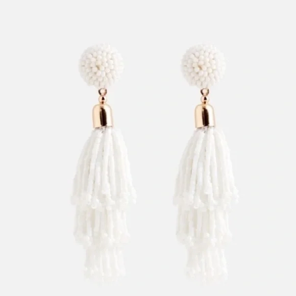 PANACEA Earrings Beaded Tassel I White I Metallic Gold Accents I Post Backings - Picture 4 of 11